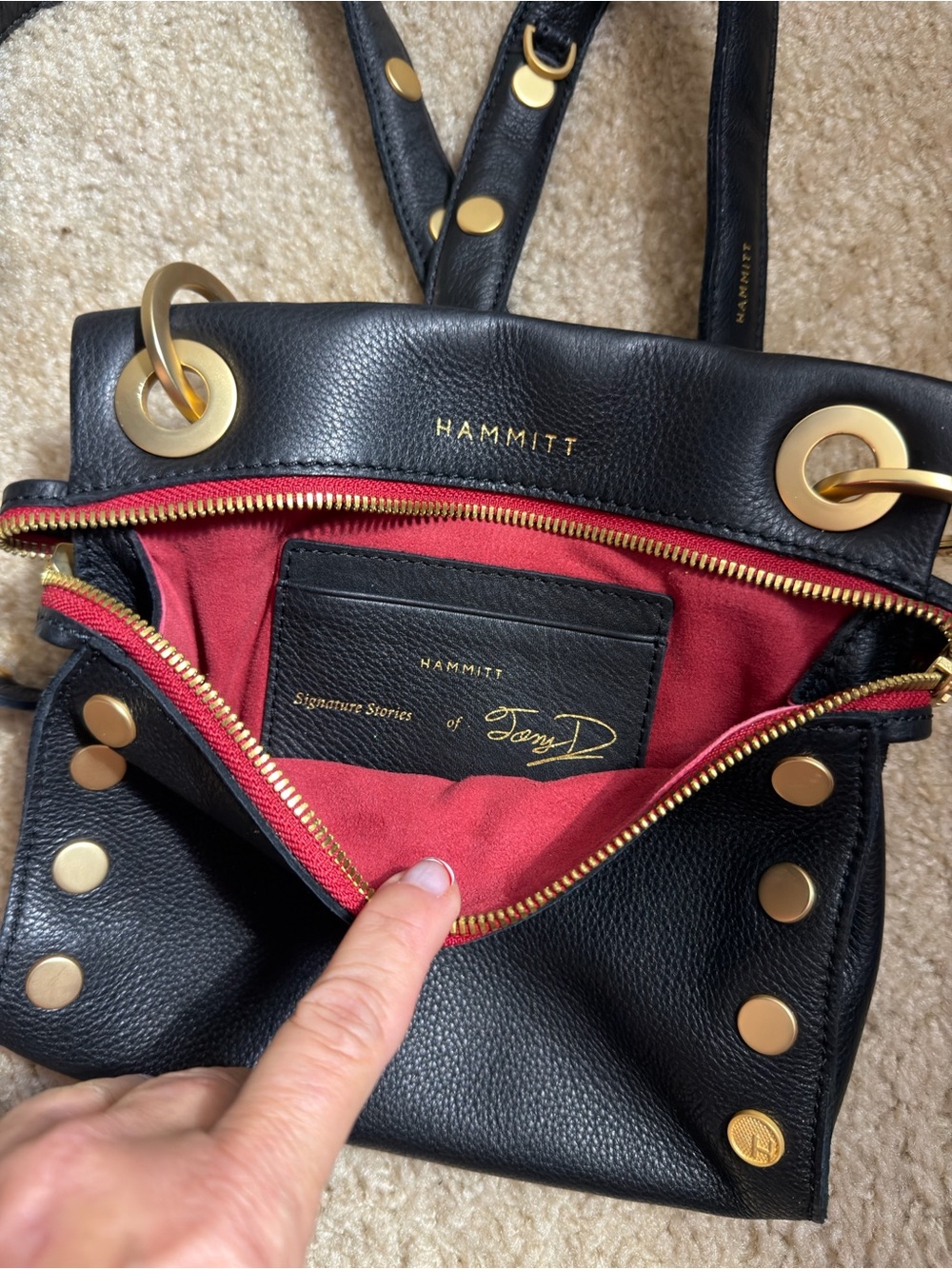 Hammitt Tony Signature Small Black/Brushed Gold Red Zipper - Picture 2 of 4